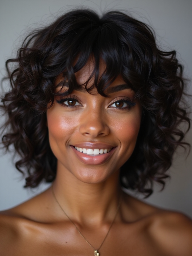 curly bangs enhance natural texture