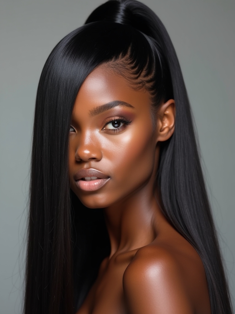 glossy middle part ponytail