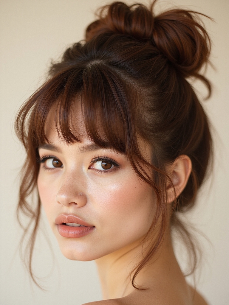 messy bun stylish bangs
