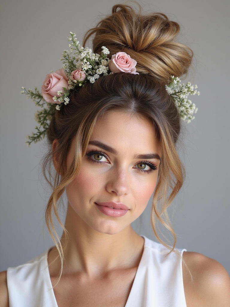 messy bun with flowers