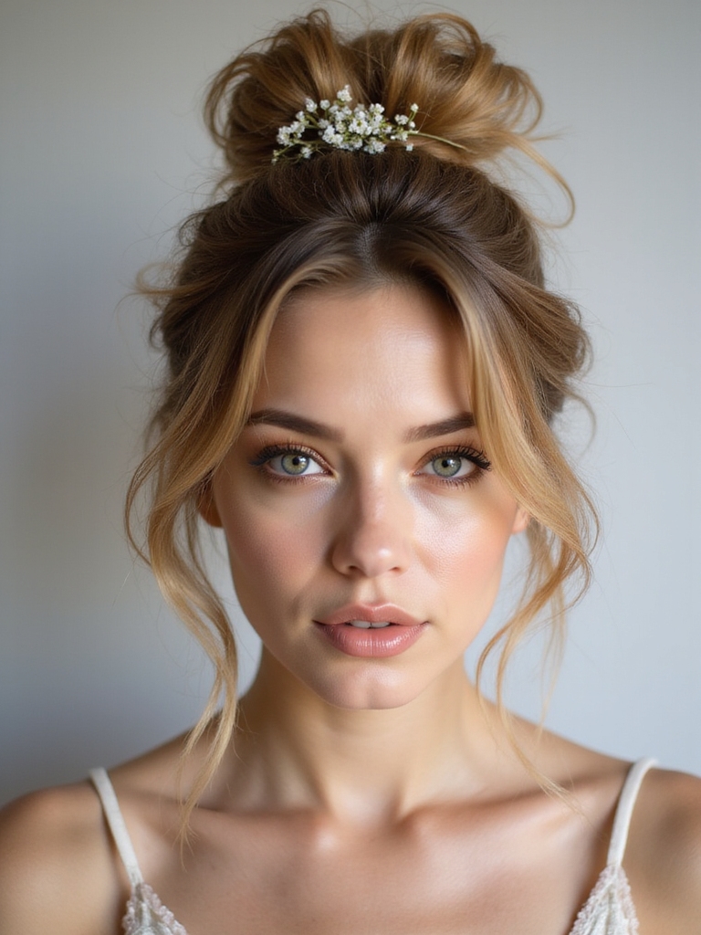 messy bun with flowers