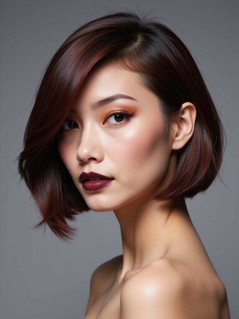 sleek glossy asymmetrical hairstyle