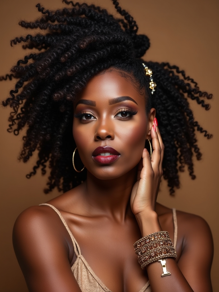 accessorized curly loc half bun