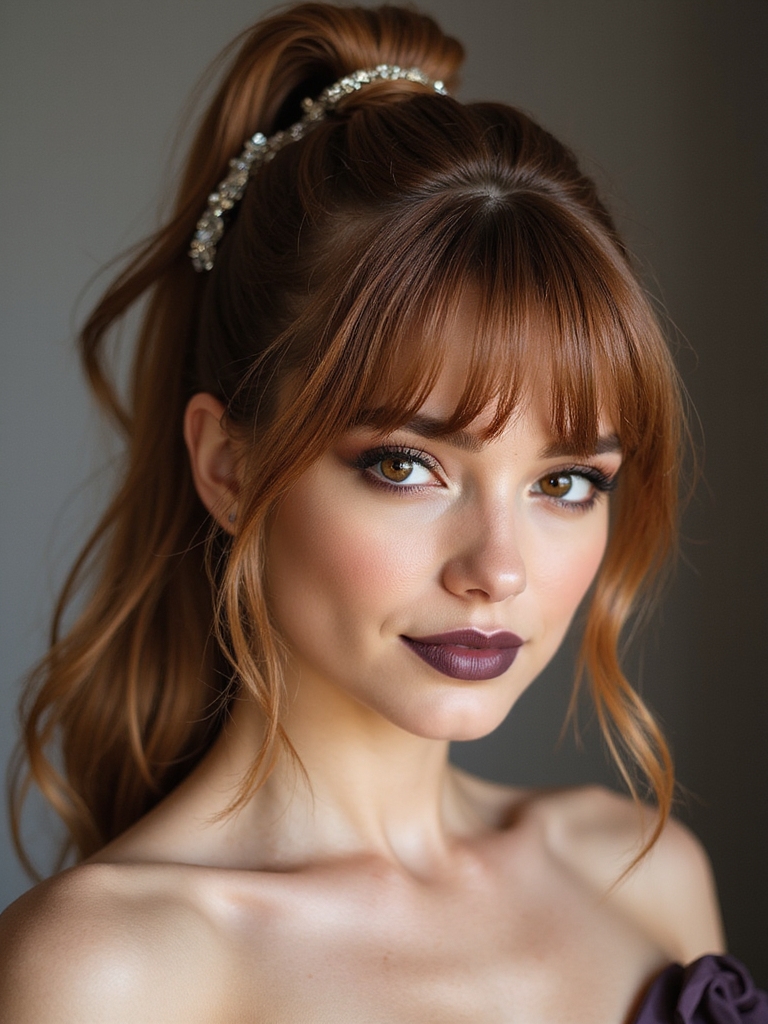 accessorized sleek ponytail with bang
