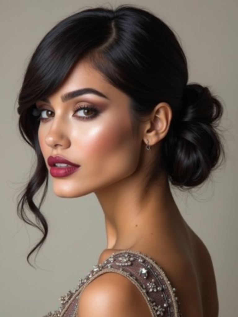 asymmetrical bangs twisted ponytail