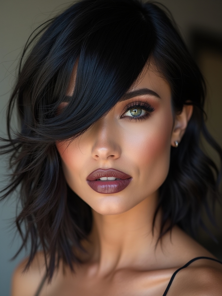 asymmetrical side bangs framing eye