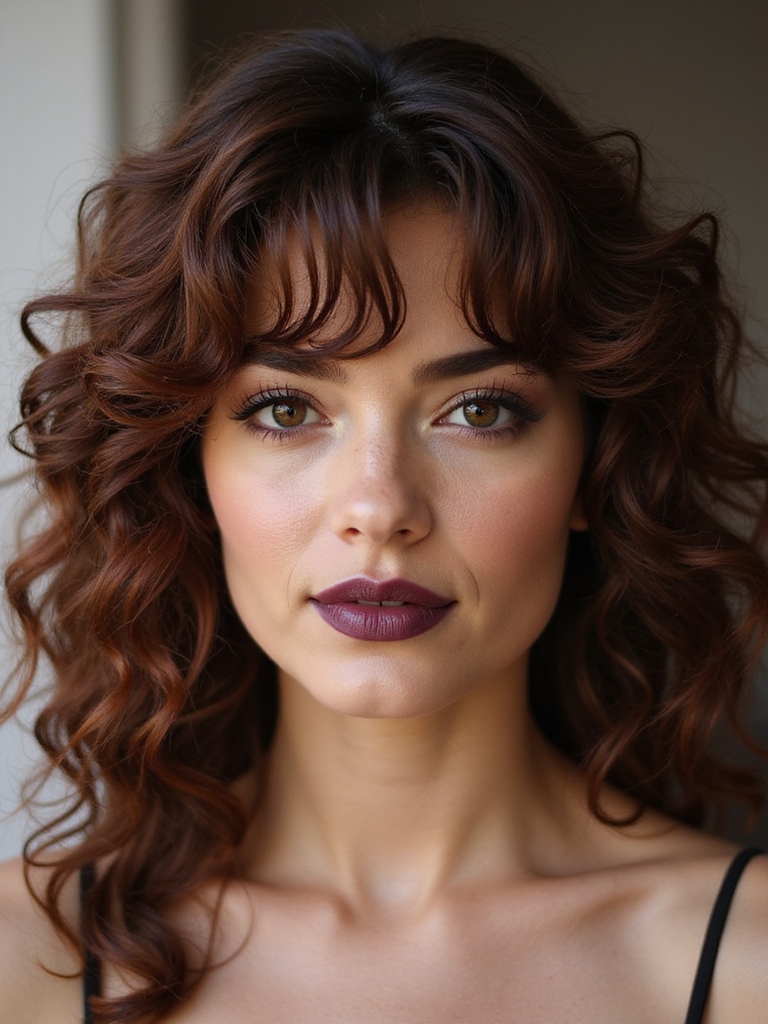 asymmetrical swept curly bangs
