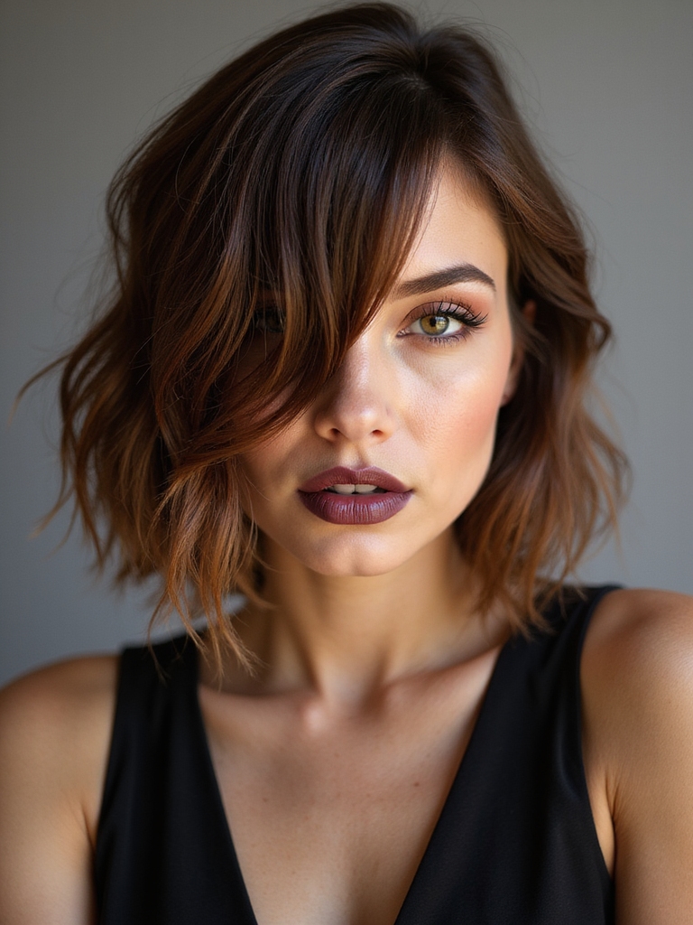 asymmetrical swept side bangs