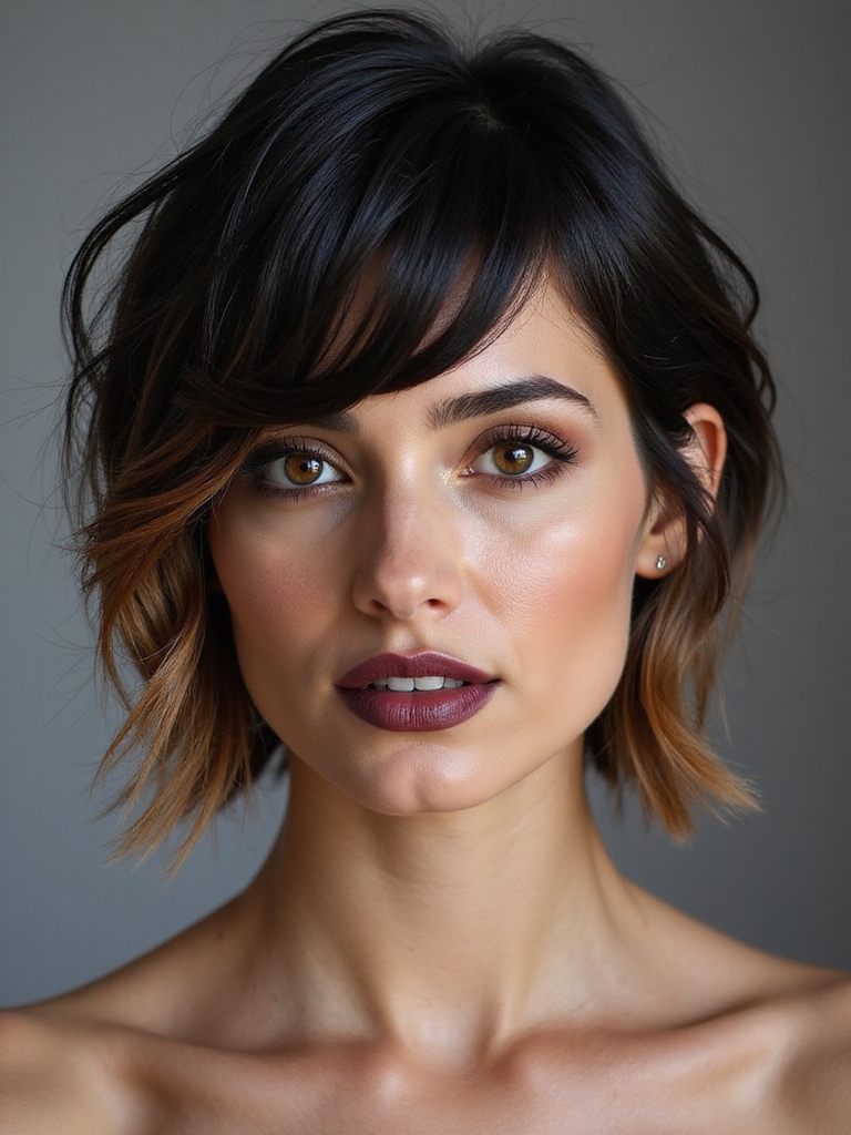 asymmetrical wolfcut with bangs