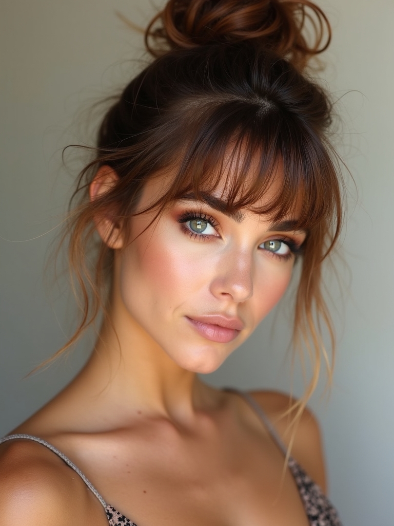 blended curtain bangs messy bun