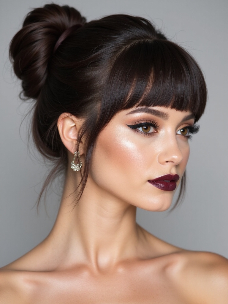 blunt curtain bangs sleek knot