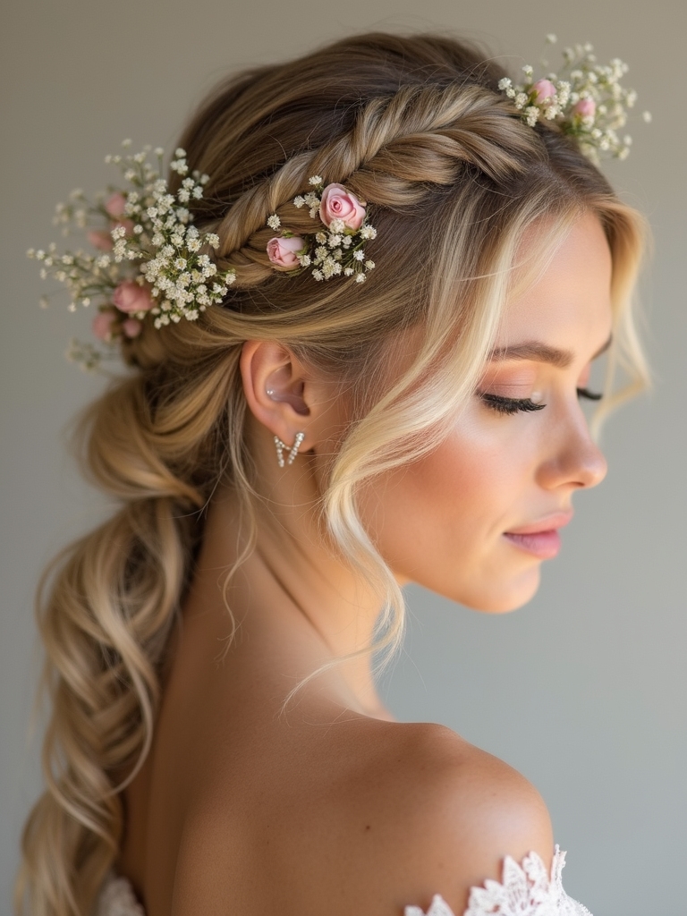 boho loose braided floral accents