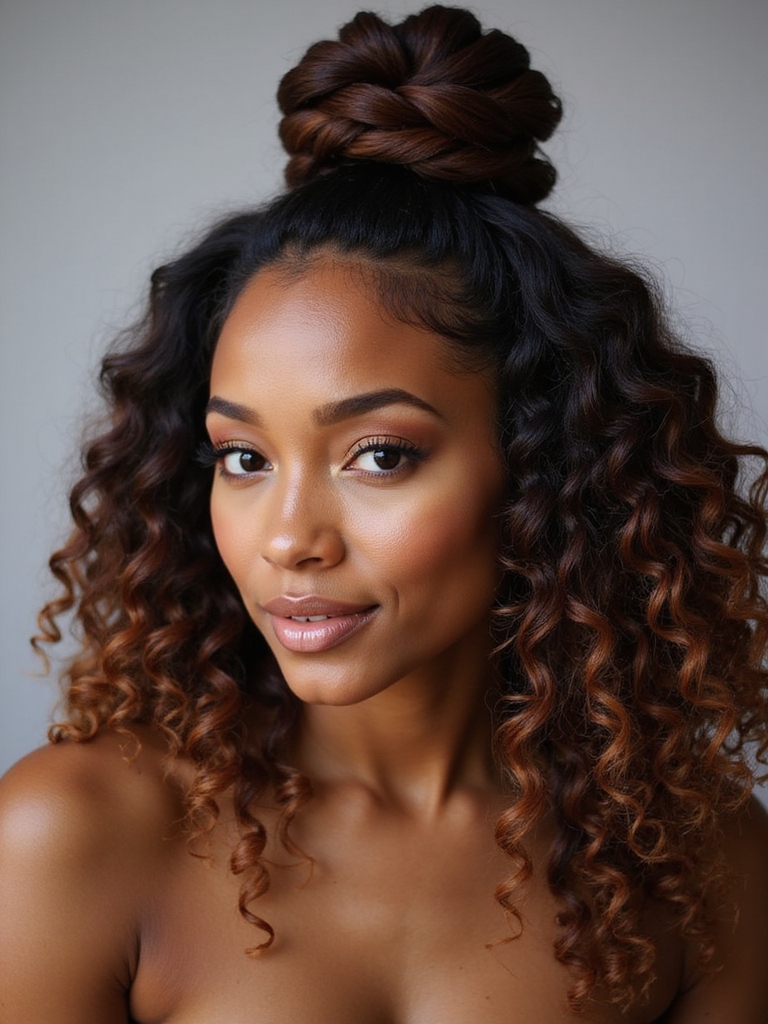 braided half up curly topknot