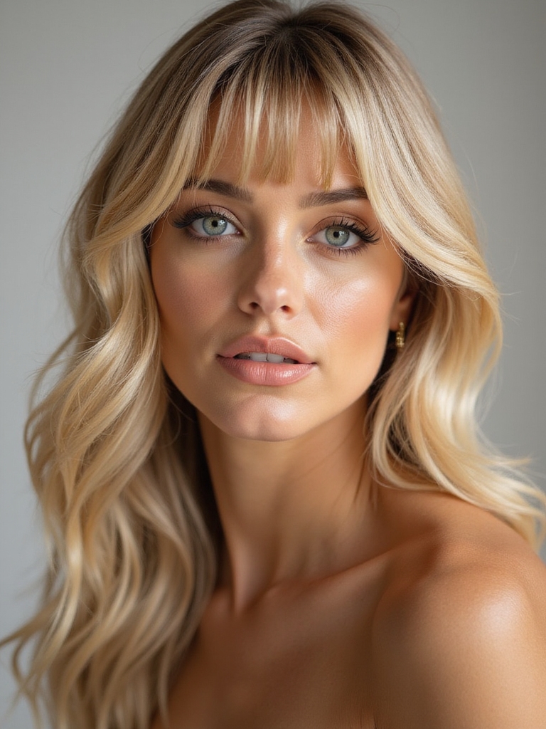 champagne blonde with blunt bangs