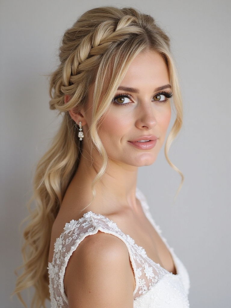 crowned braid into voluminous ponytail