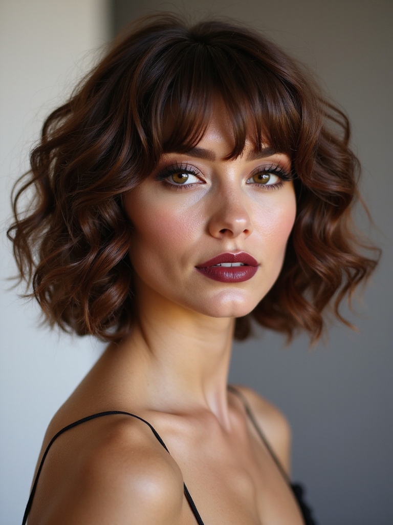curly bob with rounded bangs