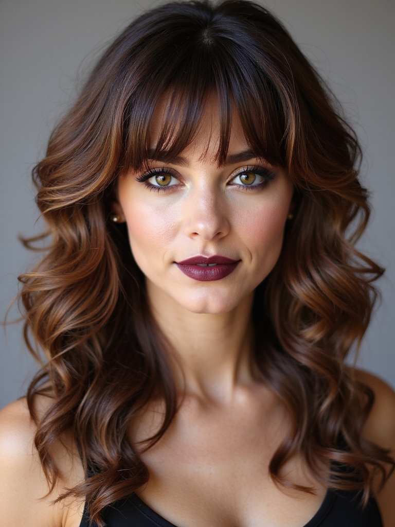 curly layers with curved bangs