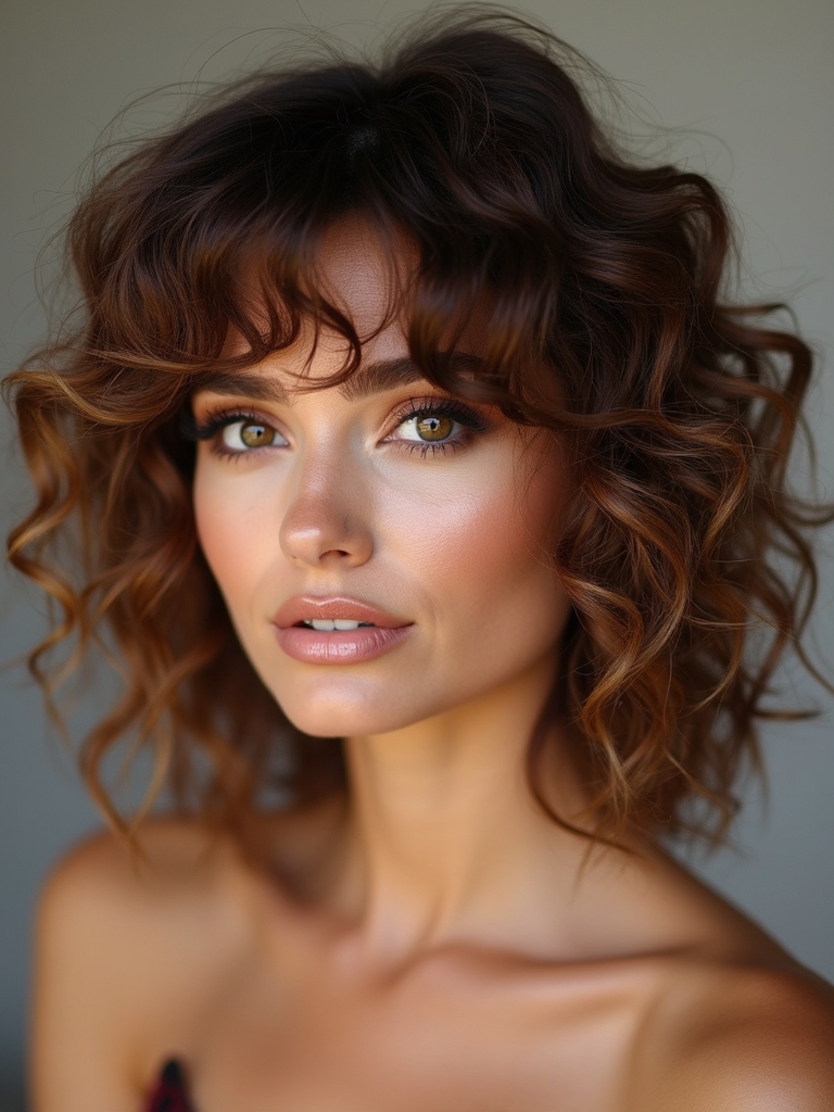 curly wolfcut with bangs
