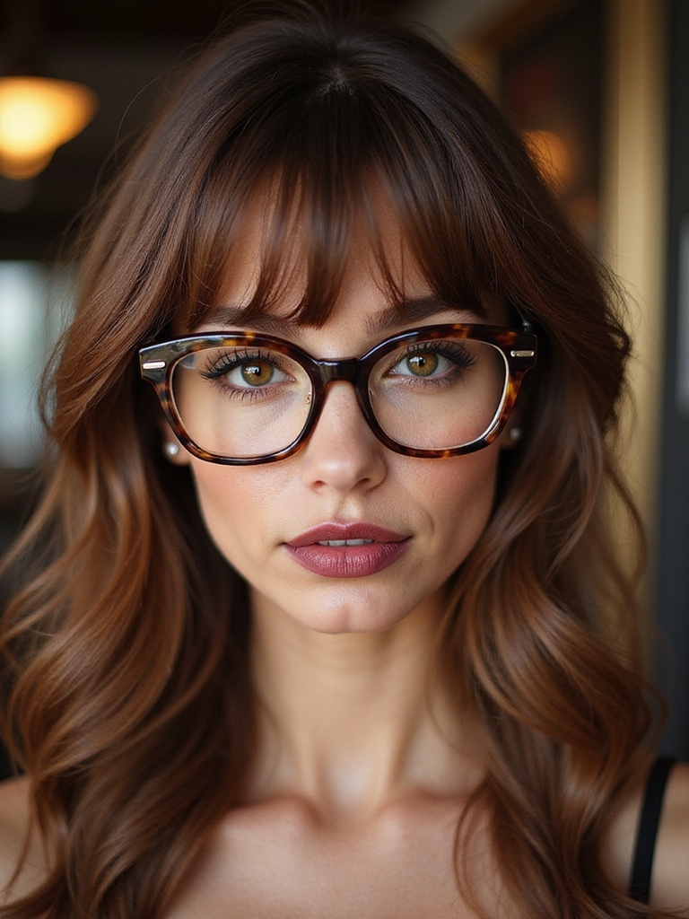 curtain bangs flattering eyeglasses combo