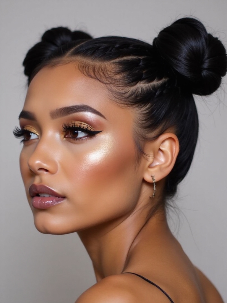 cute secured braided double buns