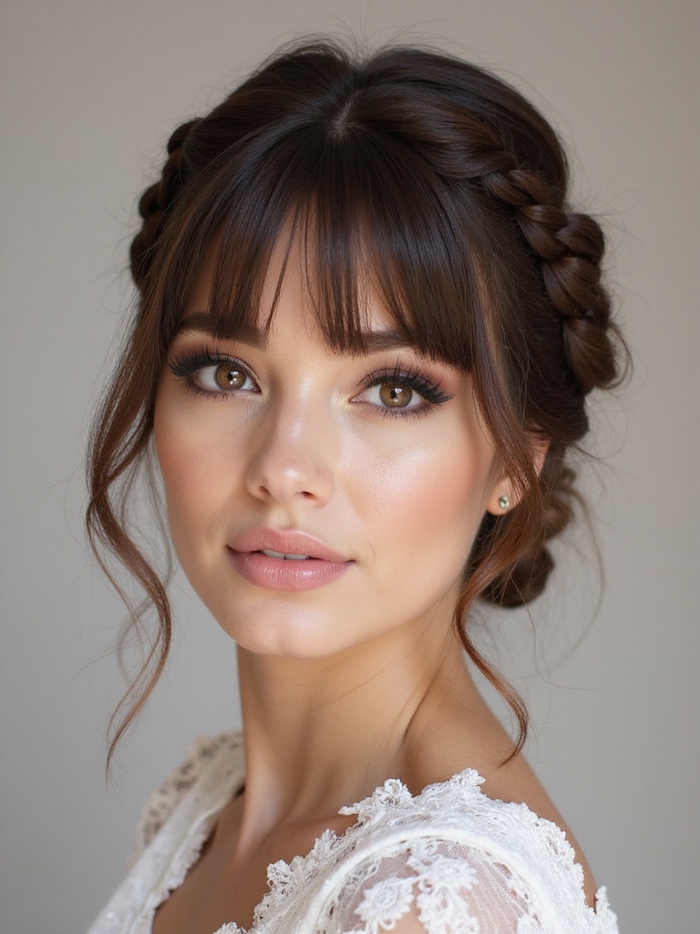 feathered curtain bangs braided crown