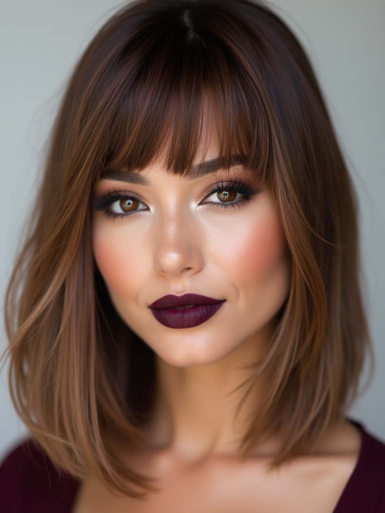 glossy blunt mid length with angled fringe