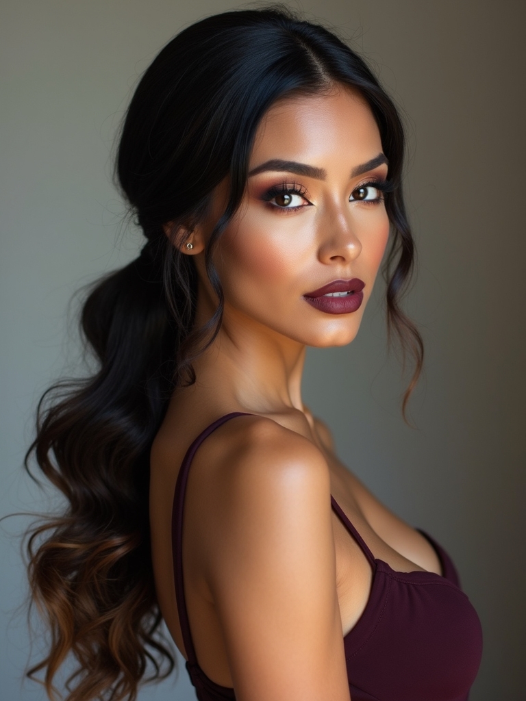 glossy low ponytail with curls