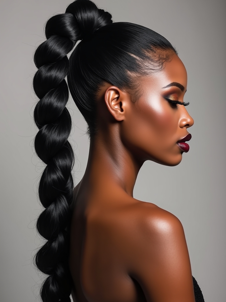 glossy wrapped tight braided ponytail