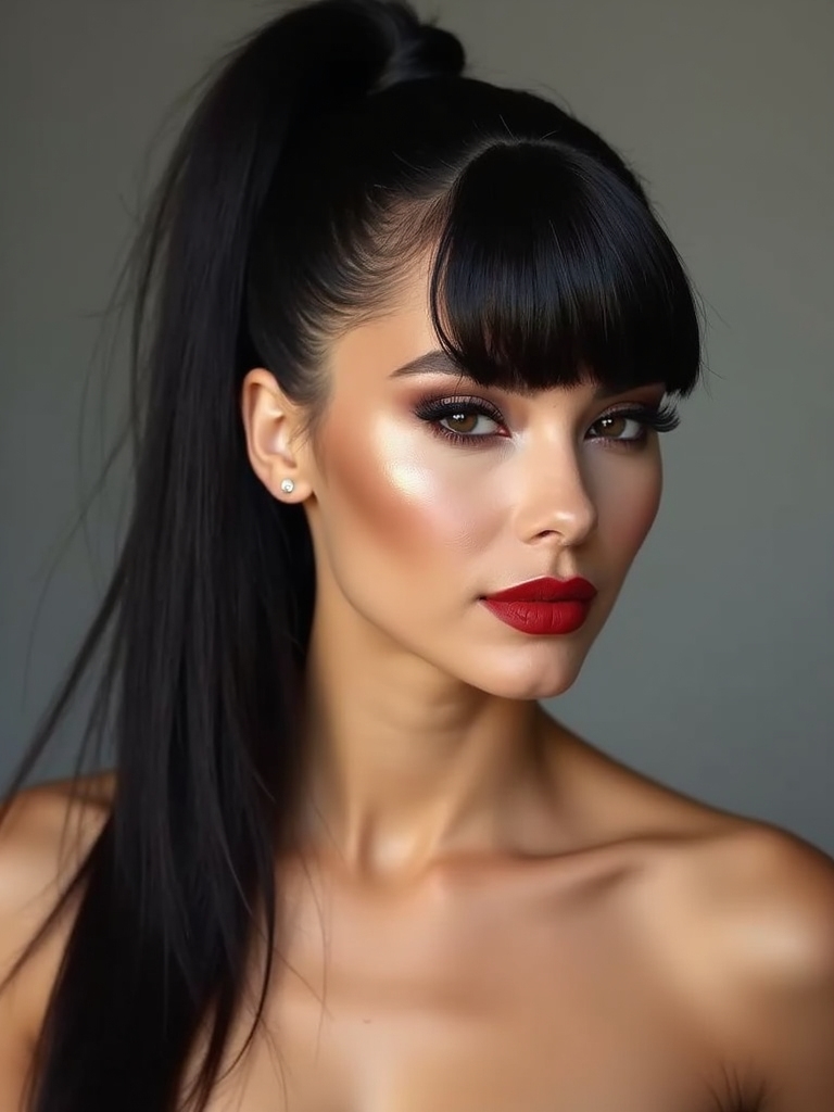 high sleek ponytail with bangs