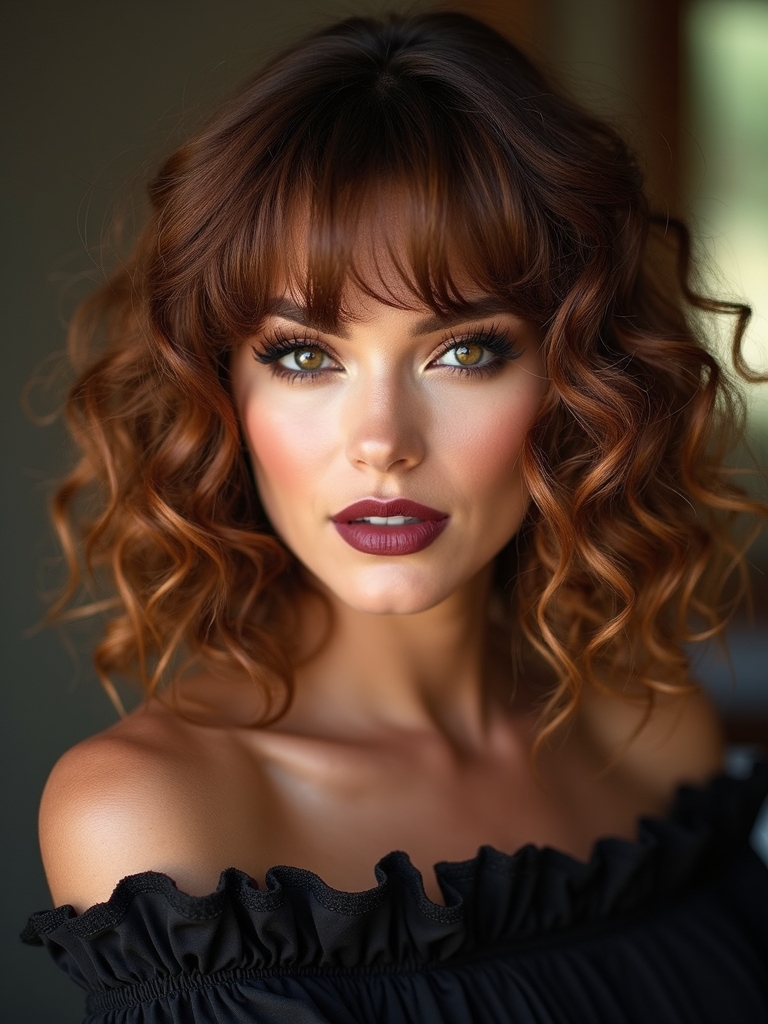 layered bangs framing shoulder length curls