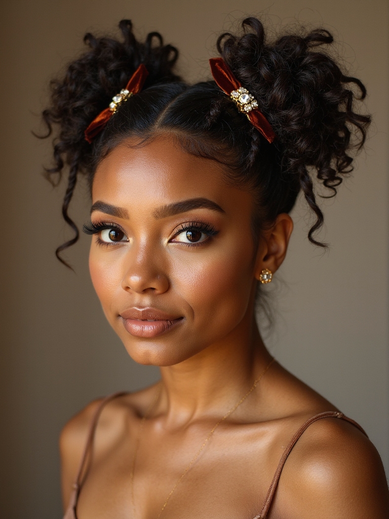 messy accessorized curly space buns