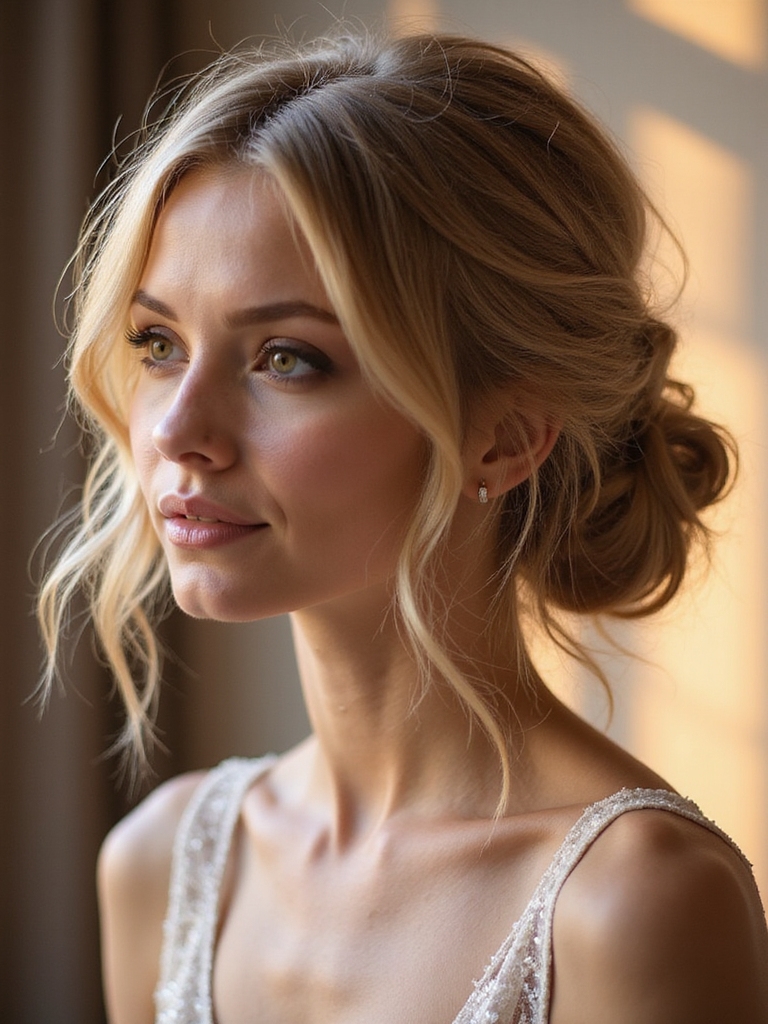messy low bun with tendrils