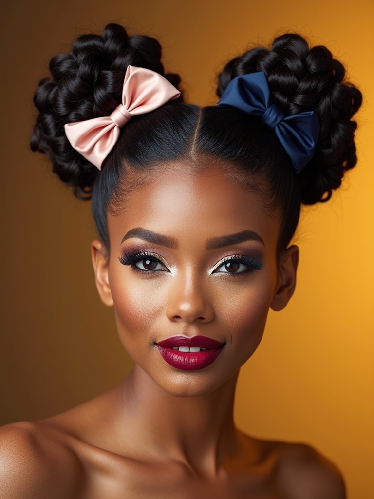 messy space buns with bows