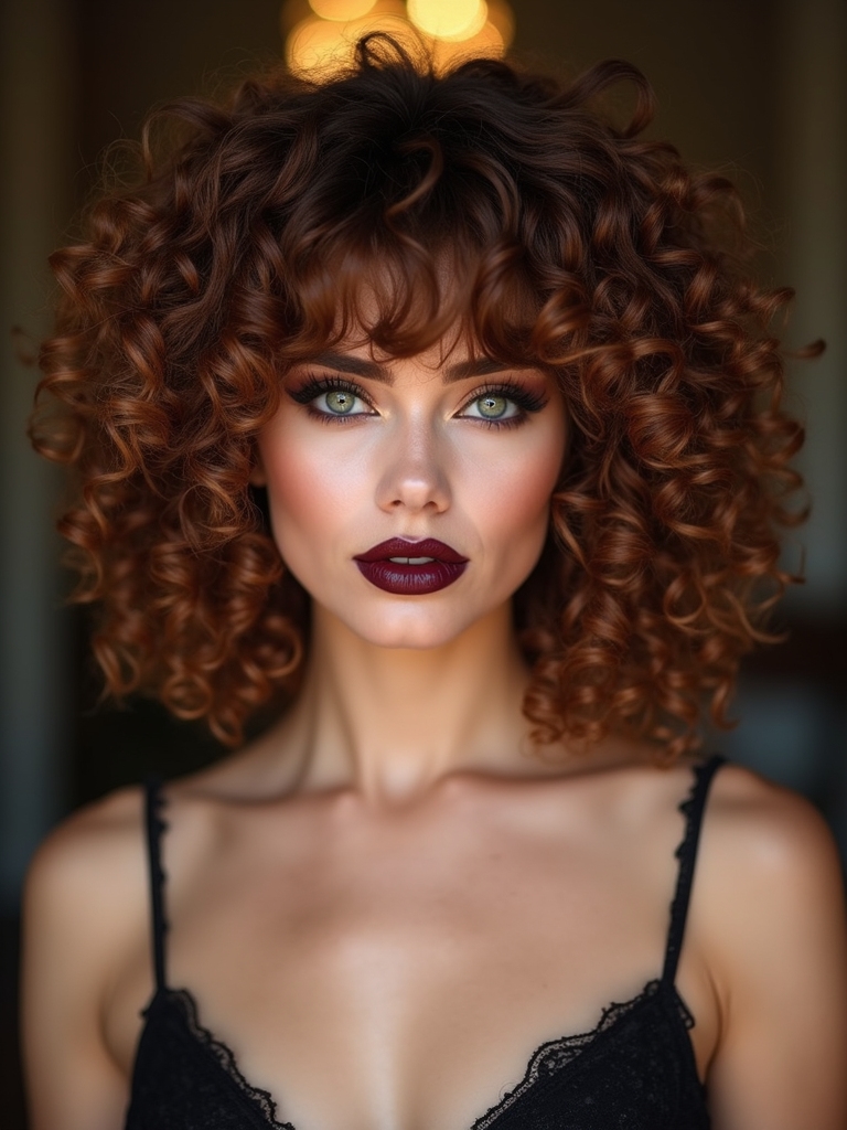 playful curly wolfcut with rounded bangs