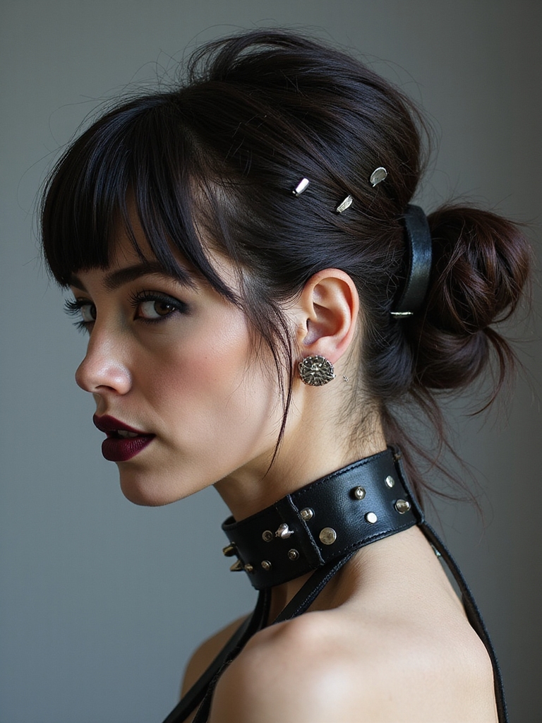 roughtextured punk lowbun with safety pins