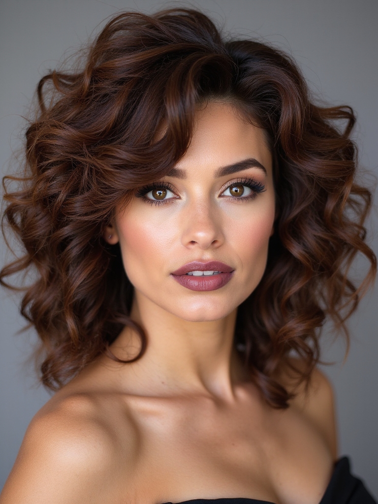 side bangs framing curly hair