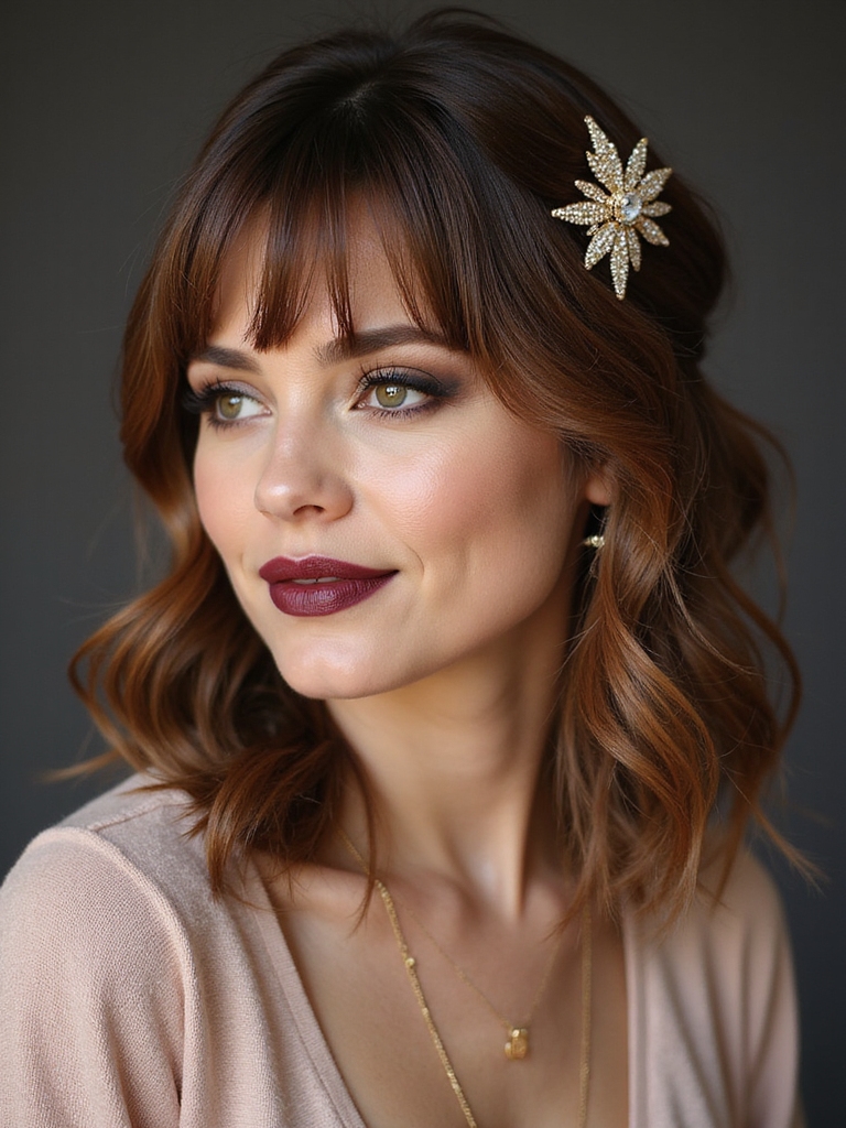 side swept bangs accentuated with accessories
