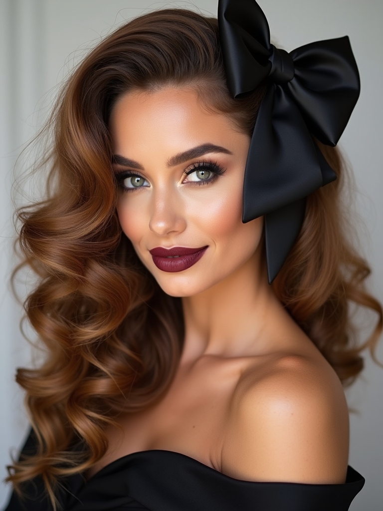 side swept curls with bow