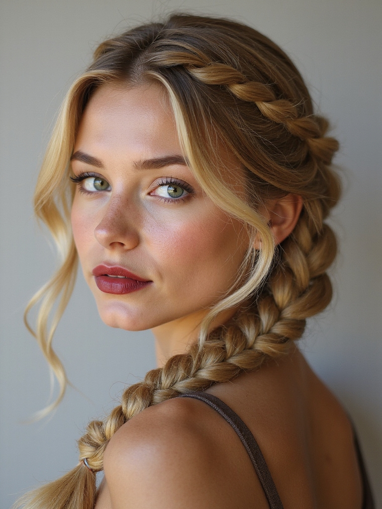 side swept polished milkmaid braids