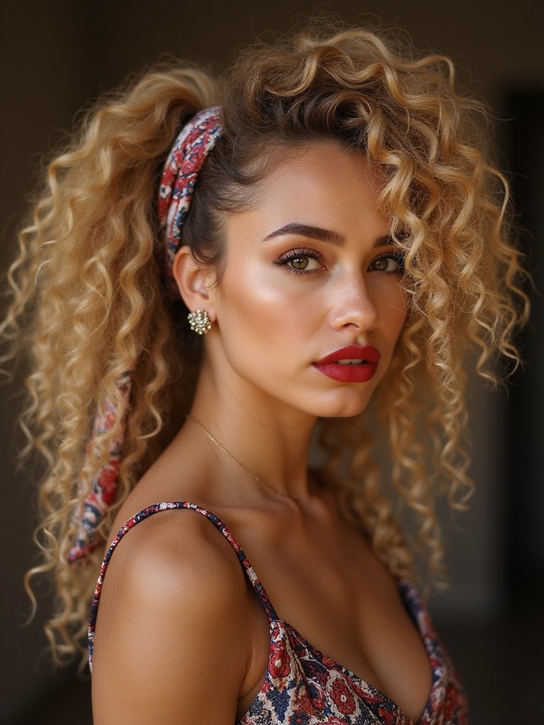 silk wrapped low curly ponytail
