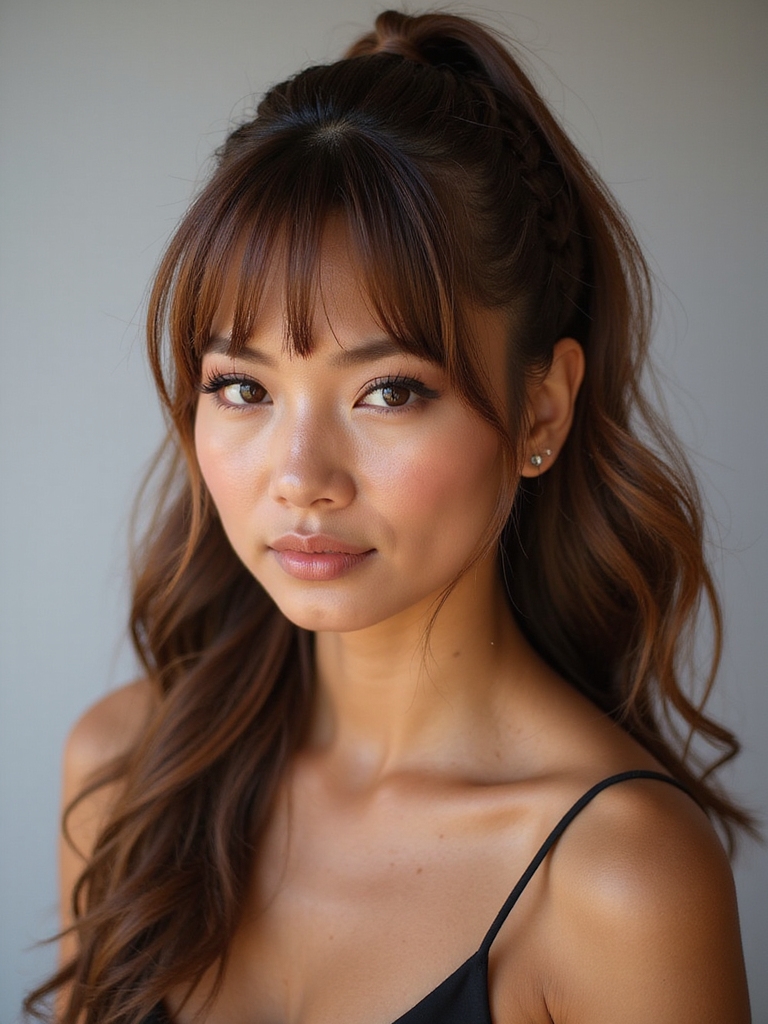 sleek braided ponytail with bangs