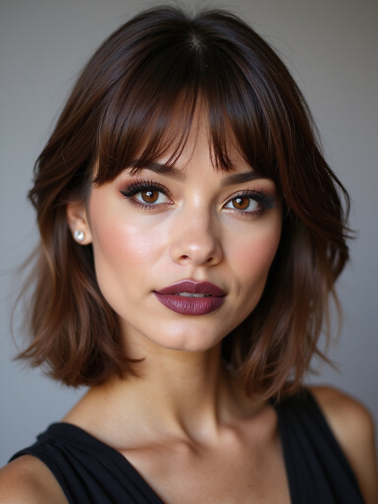 sleek deep side part bangs