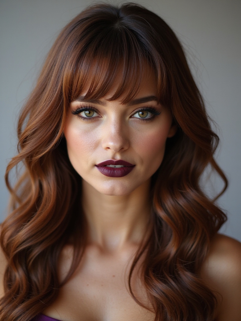 sleek glossy side part bangs