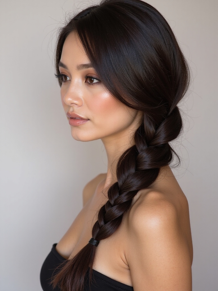 sleek glossy tight fishtail ponytail