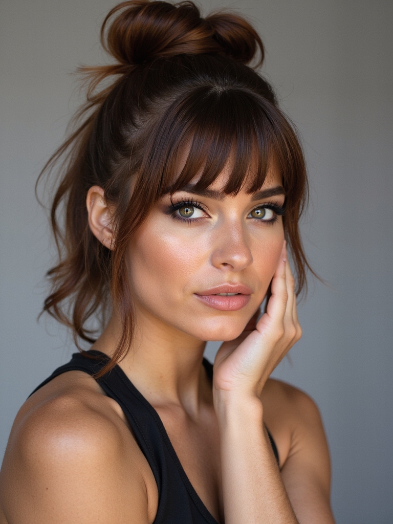 sleek high ponytail with bangs