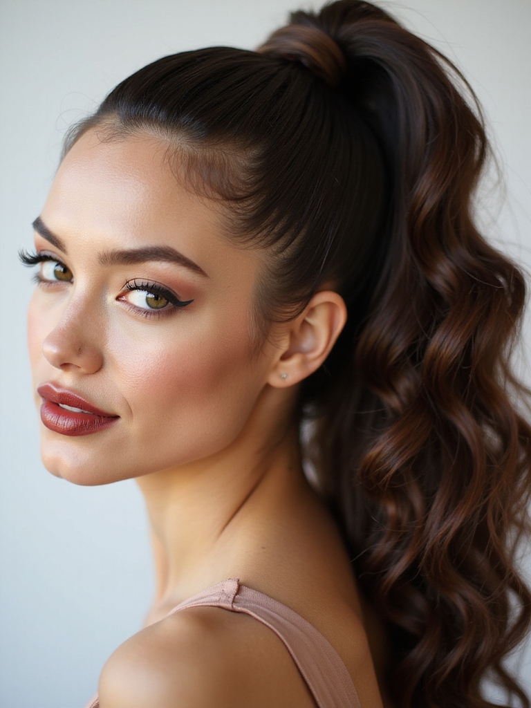 sleek high ponytail with curls