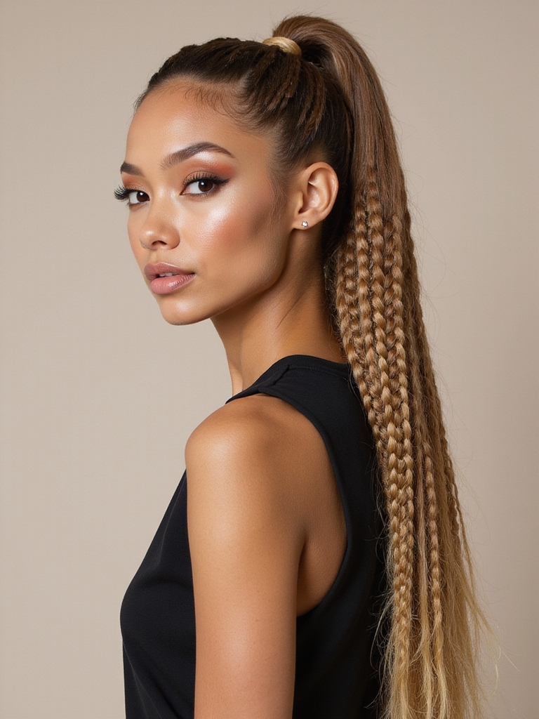 sleek long braided ponytail