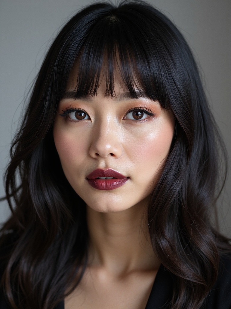 sleek long curtain bangs