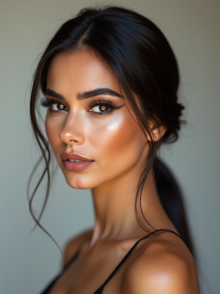 sleek low pony with bangs