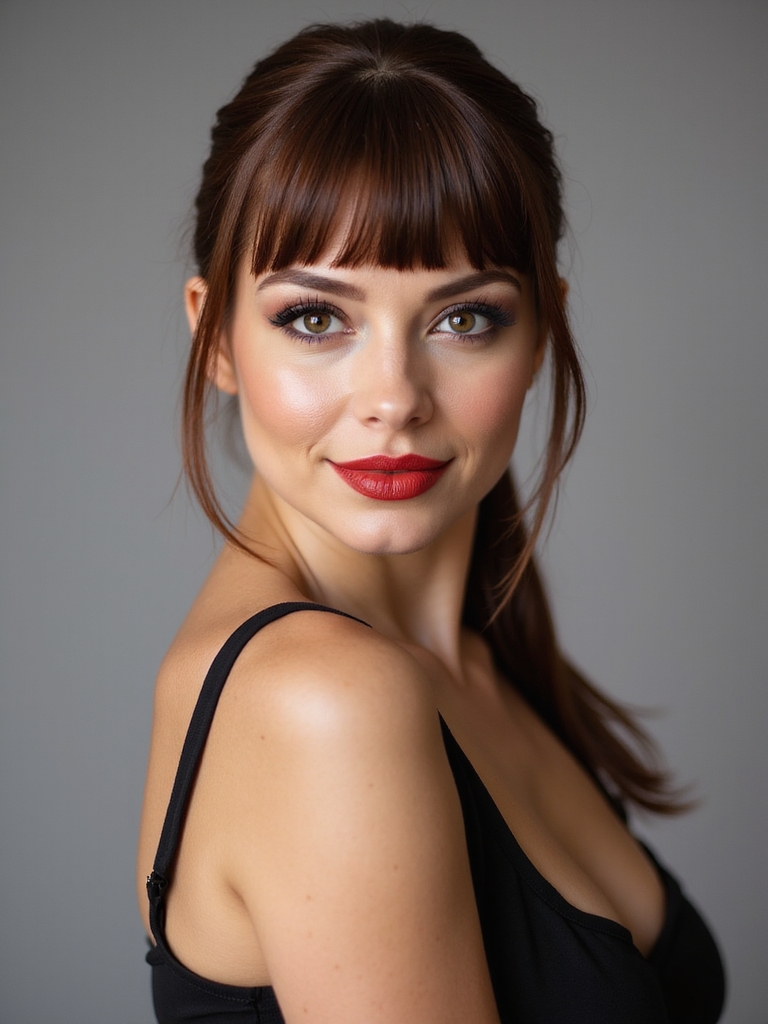 sleek low ponytail with blunt bangs